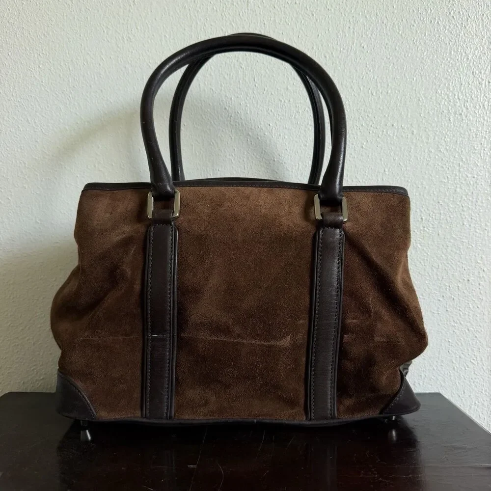 Coach Vtg Y2K 2000s Chocolate Brown Suede Hamptons Leather Trim Satchel Tote Bag